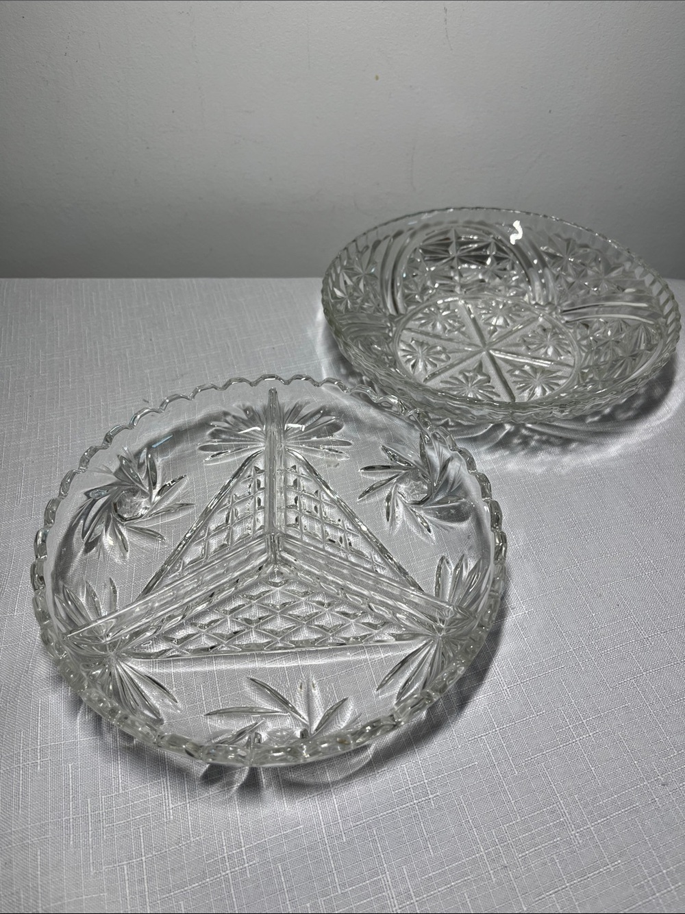 VINTAGE divided crystal relish dish pinwheel pattern & Clear Cut Glass Bowl